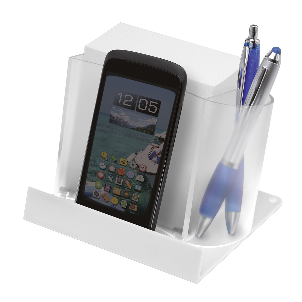 Smartphone-/Tabletständer mit Zettelbox und Köcher als Werbeartikel mit Logo bedrucken
