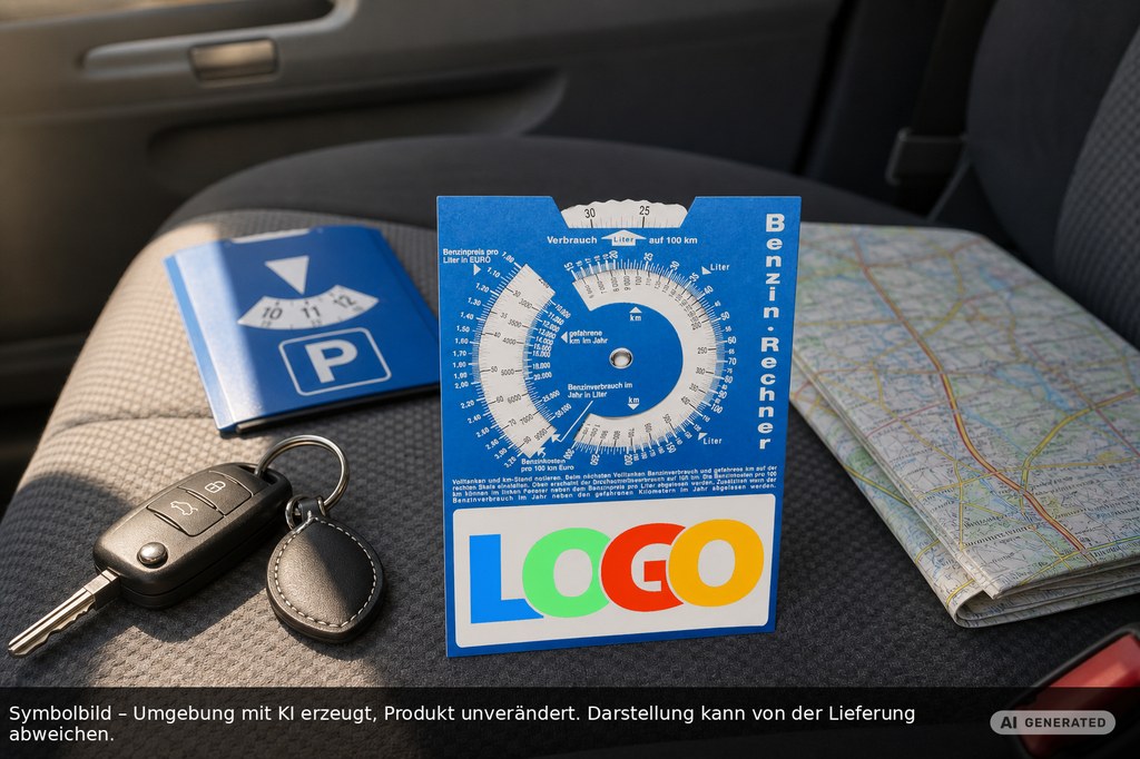 Kartonparkscheibe mit Benzinrechner als Werbeartikel mit Logo bedrucken