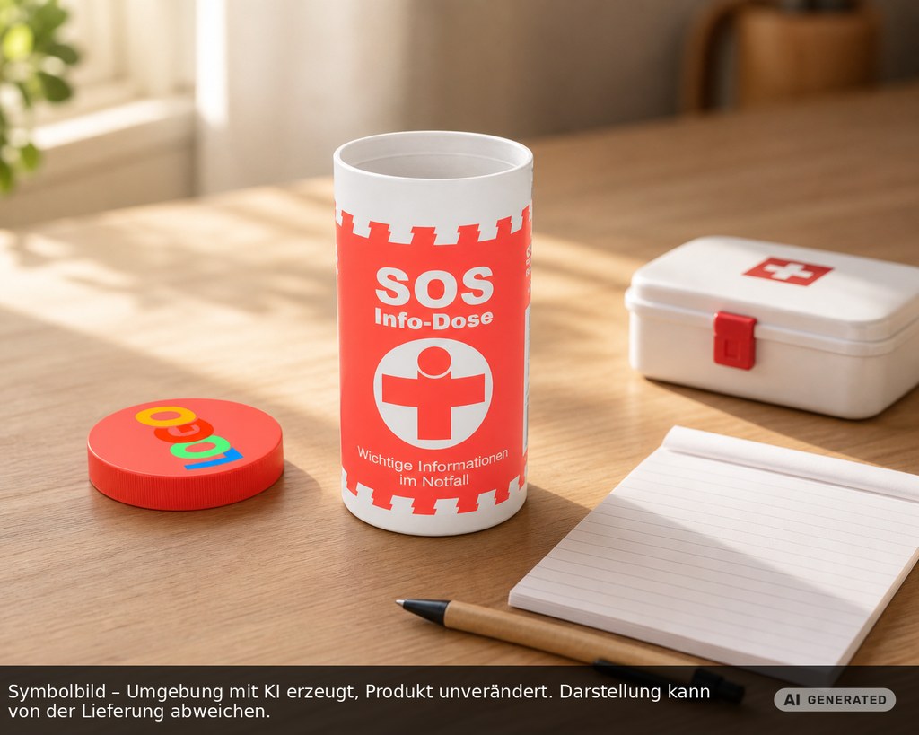 SOS-Info-Dose als Werbeartikel mit Logo bedrucken